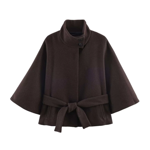 Abrigo de Lana Corto Vintage para Mujer Cuello Alto con Cinturón Café Oscuro Botones Decorativos Chaqueta Elegante Color Sólido