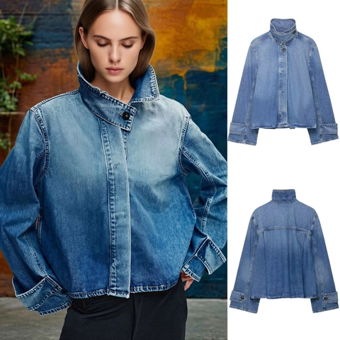 Chaqueta Vaquera Lavada Informal para Mujer Cuello Alto Manga Larga Abrigo Azul Claro Dobladillo en Arco Moda Outwear