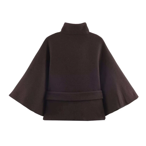 Abrigo de Lana Corto Vintage para Mujer Cuello Alto con Cinturón Café Oscuro Botones Decorativos Chaqueta Elegante Color Sólido