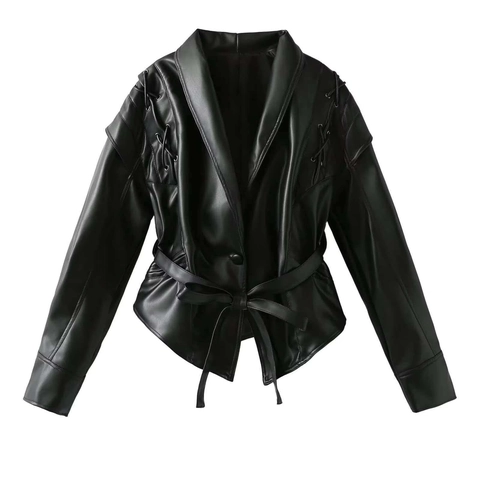 Chaqueta de Cuero Sintético Vintage para Mujer Corte Ajustado con Lazada en Cintura Hombreras Solapa Manga Larga Abrigo