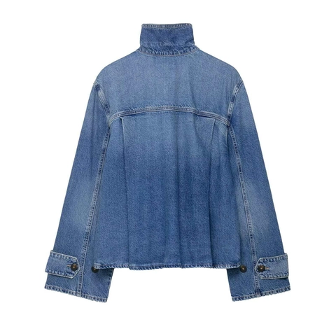 Chaqueta Vaquera Lavada Informal para Mujer Cuello Alto Manga Larga Abrigo Azul Claro Dobladillo en Arco Moda Outwear