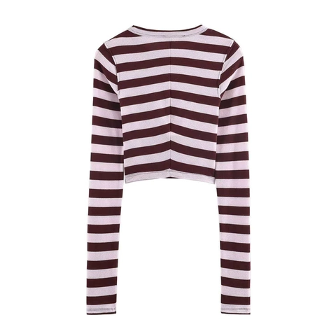 Women Striped Long Sleeve Crop Top Round Neck Slim Fit Knitted Polyester T-Shirt For Casual Commuting Brown Pink Stripes