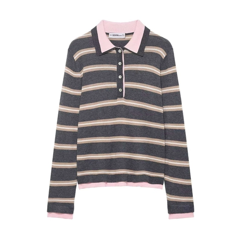 Women Striped Knit Polo Sweater Long Sleeve Patchwork Contrast Trim Lapel Neck Button Pullover Casual Top