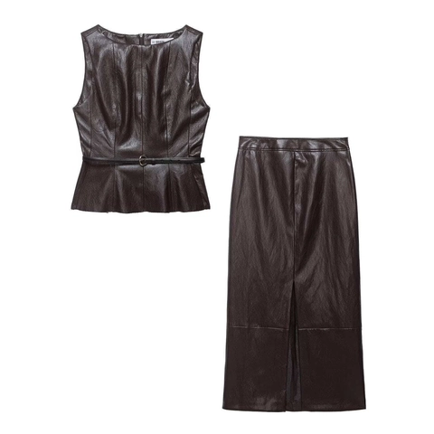 Women Elegant Faux Leather Sleeveless Peplum Top And Midi Slit Skirt With Belt Summer Office Commute Outfit Solid Brown