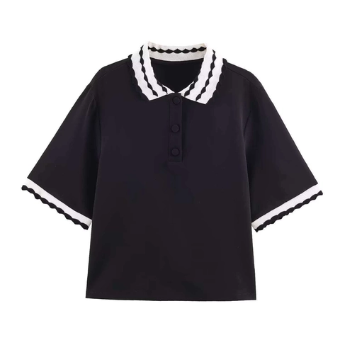 Women Contrast Color Polo Shirt Scalloped Trim Short Sleeve Casual Retro Black White Button Front Top For Daily Office
