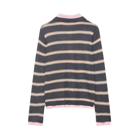 Γυναικείο Casual Πλεκτό Πόλο με Ρίγες Color Block Patchwork Μακρυμάνικο Πουλόβερ Τοπ με Κουμπιά για Καθημερινή Χρήση στο Γραφείο
