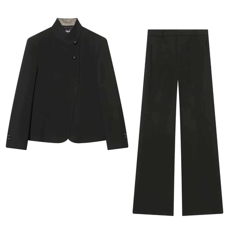 Conjunto de Traje Elegante de Dos Piezas para Mujer Blazer de Manga Larga con Cuello Alto Asimétrico y Pantalones de Pata Ancha