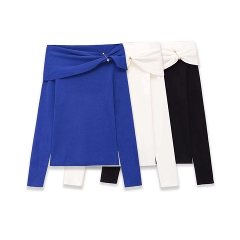 Pull en Maille Élégant à Une Épaule pour Femme Manches Longues Design à Nœud Top de Banlieue Uni Avec Détail d'Épingle