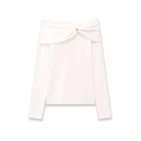 Pull en Maille Élégant à Une Épaule pour Femme Manches Longues Design à Nœud Top de Banlieue Uni Avec Détail d'Épingle