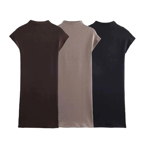 Women Summer Mock Neck Slim Fit Mini Dress Sleeveless Solid Color Elegant Knit Texture Polyester Commute Bodycon Short Dress Fashion