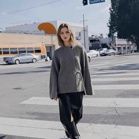 Women's Minimalist Gray Knit Cardigan Round Neck Flare Sleeve Side Tie Solid Color Casual Autumn Sweater Top