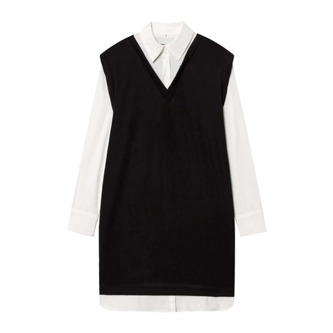Damen Minimalist Langarm Spleißen Mini Kleid Fake Zweiteilige Strickweste Popeline Hemdkleid Pendeln Preppy Mode Outfit