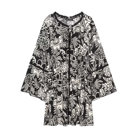 Bohemian Black White Floral Print Bell Sleeve Mini Dress V Neck Tie Waist Ruffle Trim Long Sleeve Women Holiday Tunic Dress