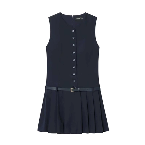 Women Elegant Sleeveless Pleated Midi Dress With Belt Slim Fit V Neck Button Down Solid Color Summer Office Party Dress