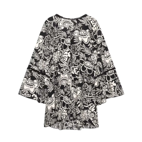Bohemian Black White Floral Print Bell Sleeve Mini Dress V Neck Tie Waist Ruffle Trim Long Sleeve Women Holiday Tunic Dress