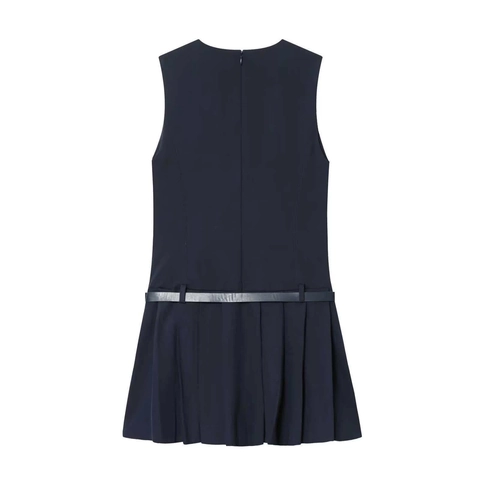 Women Elegant Sleeveless Pleated Midi Dress With Belt Slim Fit V Neck Button Down Solid Color Summer Office Party Dress