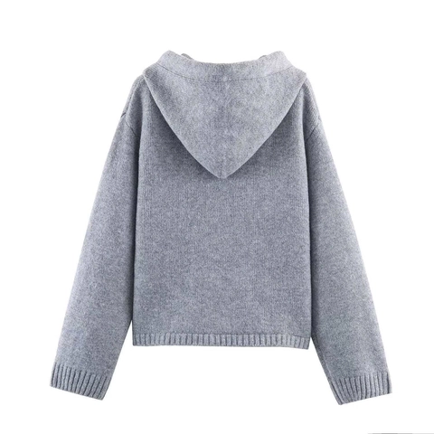 Cárdigan de Punto Con Capucha Jacquard de Estrellas Vintage para Mujer Ajuste Holgado Cremallera Manga Larga Gris Suéter de Mezcla de Lana