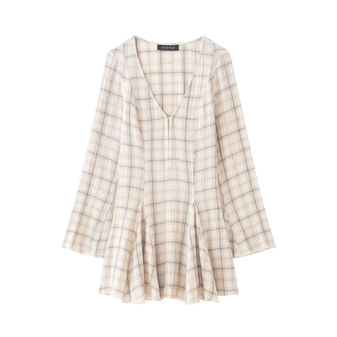 Vrouwen Vintage Plaid V-hals Mini Jurk Elegant Lange Mouw Hoge Taille Ruches Zoom Polyester Geruite Jurk Casual Korte Jurk