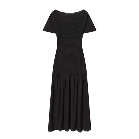Women Summer Elegant Black Smocked Waist Maxi Dress Short Sleeve Boat Neck Solid Color Pleated Slim Fit Long Dress