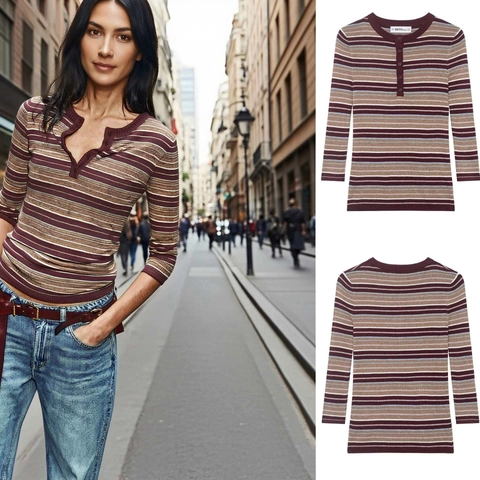Γυναικείο Βίντατζ Ριγέ Πλεκτό Henley Shirt Μακρύ Μανίκι Στενή Εφαρμογή Πουλόβερ Τοπ Για Άνοιξη Φθινόπωρο