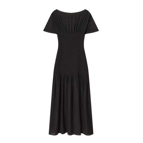 Women Summer Elegant Black Smocked Waist Maxi Dress Short Sleeve Boat Neck Solid Color Pleated Slim Fit Long Dress