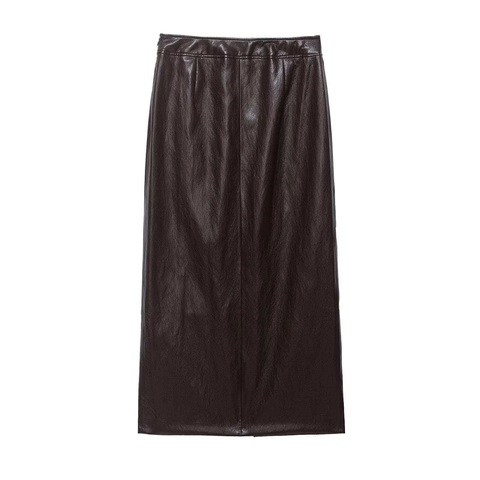 Women Elegant Faux Leather Sleeveless Peplum Top And Midi Slit Skirt With Belt Summer Office Commute Outfit Solid Brown