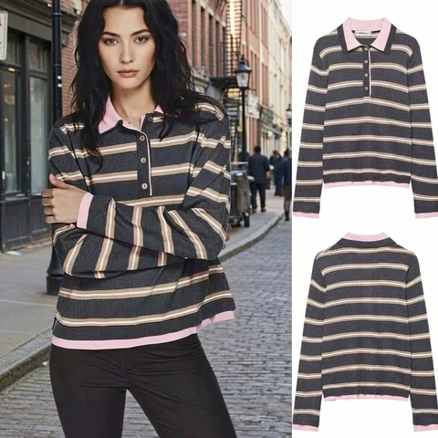Γυναικείο Casual Πλεκτό Πόλο με Ρίγες Color Block Patchwork Μακρυμάνικο Πουλόβερ Τοπ με Κουμπιά για Καθημερινή Χρήση στο Γραφείο
