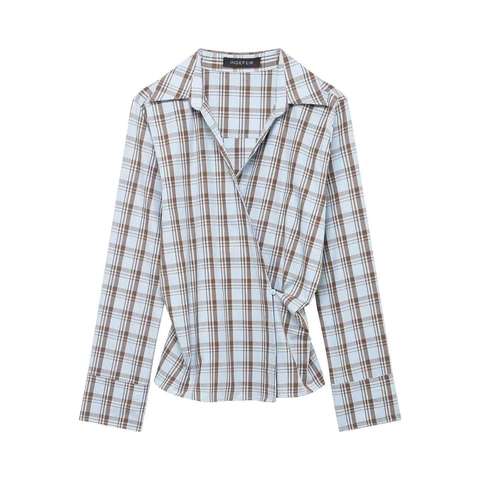 Women Plaid Wrap Shirt V Neck Long Sleeve Light Blue Brown Checkered Blouse Slim Waist Casual Office Top Fashion Ladies Shirt