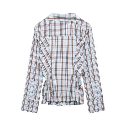 Women Plaid Wrap Shirt V Neck Long Sleeve Light Blue Brown Checkered Blouse Slim Waist Casual Office Top Fashion Ladies Shirt