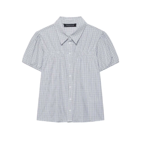 Damen Sommer Blau Weiß Karo Puffärmel Hemd Casual Einreihig Kurzarm Bluse Mit Smocking Detail Elegante Gingham Tops