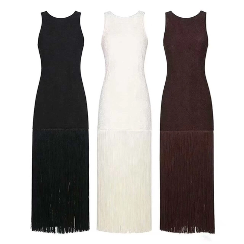 Vestido Largo Sin Mangas para Mujer Con Flecos Espalda Calada Cuello Redondo Corte Ajustado Color Sólido Elegante Verano