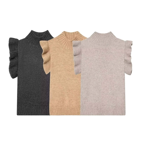 Haut en Tricot Élégant pour Femmes avec Col Montant et Manches à Volants Gilet Pull Sans Manches Couleur Unie Minimaliste