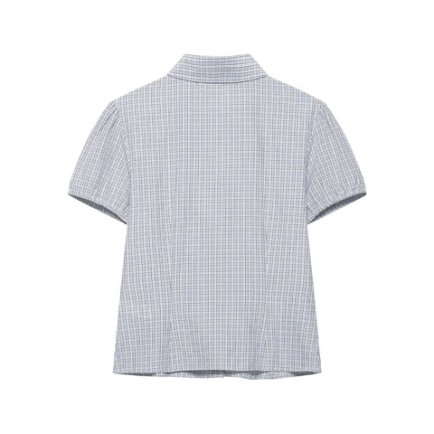 Damen Sommer Blau Weiß Karo Puffärmel Hemd Casual Einreihig Kurzarm Bluse Mit Smocking Detail Elegante Gingham Tops