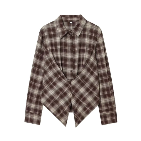 Camicia a Quadri a Maniche Lunghe Casual da Donna con Orlo a Pieghe Asimmetrico Marrone Beige Check Blusa con Bottoni Commuter Top