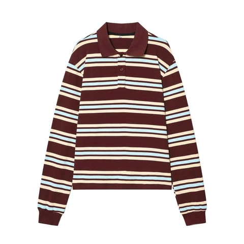 Pull en Tricot Rayé Vintage avec Col Polo Femme Manches Longues Ample Couleur Contrastée Pullover Automne