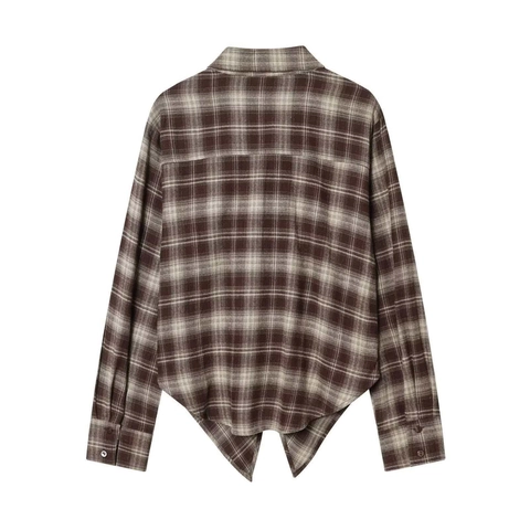 Camicia a Quadri a Maniche Lunghe Casual da Donna con Orlo a Pieghe Asimmetrico Marrone Beige Check Blusa con Bottoni Commuter Top