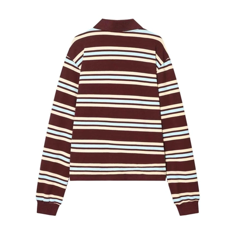 Pull en Tricot Rayé Vintage avec Col Polo Femme Manches Longues Ample Couleur Contrastée Pullover Automne