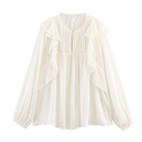 Blusa de Gasa Elegante con Volantes para Mujer Manga Larga Plisada Cuello Redondo Color Sólido Camisa Casual Suelta