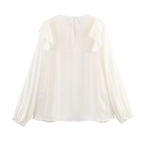 Blusa de Gasa Elegante con Volantes para Mujer Manga Larga Plisada Cuello Redondo Color Sólido Camisa Casual Suelta