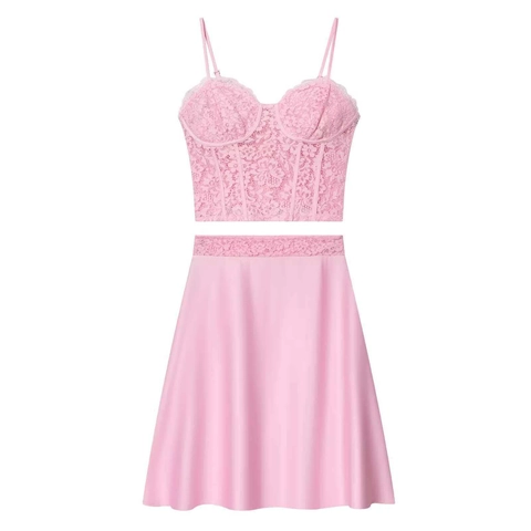 Women Sexy Lace Corset Top And Mini Skirt Set Cherry Blossom Pink Sleeveless Backless Splicing Design Summer Socialite Apparel