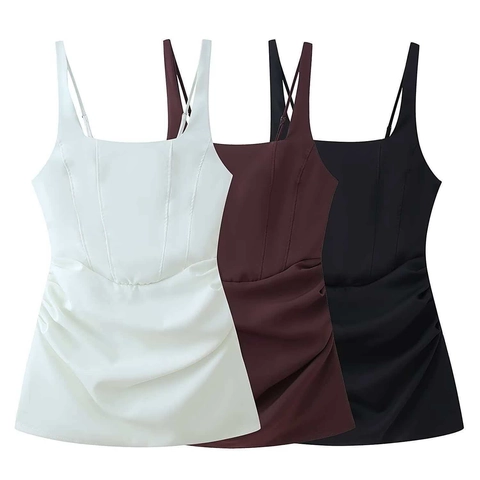 Sexy Women Square Neck Sleeveless Bodycon Mini Dress Ruched Lace Up Back Slim Fit Solid Color Polyester Summer Party Dress