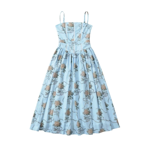 Damen Vintage Rose Blumendruck Midi Kleid Hellblau Spaghettiträger Spitze Korsett Taille Französisch Elegant Sommerkleid