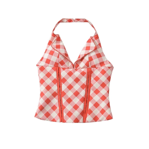 Damen Vintage Rot Kariert Halter Korsett Top Sexy Rückenfrei V Ausschnitt Ärmellos Sommer Crop Tanktop Mit Schnürung