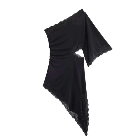 Robe Midi Femme Épaule Dénudée Asymétrique Patchwork en Dentelle Sexy Ajouré Volants Manches Courtes Noir Coupe Ajustée