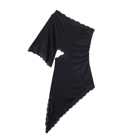 Robe Midi Femme Épaule Dénudée Asymétrique Patchwork en Dentelle Sexy Ajouré Volants Manches Courtes Noir Coupe Ajustée