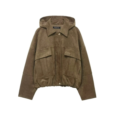 Giacca da Lavoro Vintage in Finta Pelle Scamosciata da Donna Con Cappuccio Cappotto Corto Marrone Verde Oliva Con Tasche