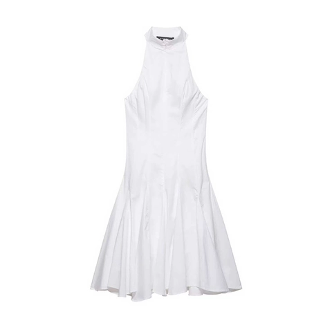 Women Elegant Halter Neck Sleeveless White Midi Dress With Ruffle Hem Summer Slim A-Line Party Cocktail Evening Dress