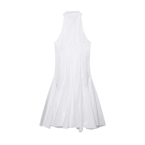 Women Elegant Halter Neck Sleeveless White Midi Dress With Ruffle Hem Summer Slim A-Line Party Cocktail Evening Dress