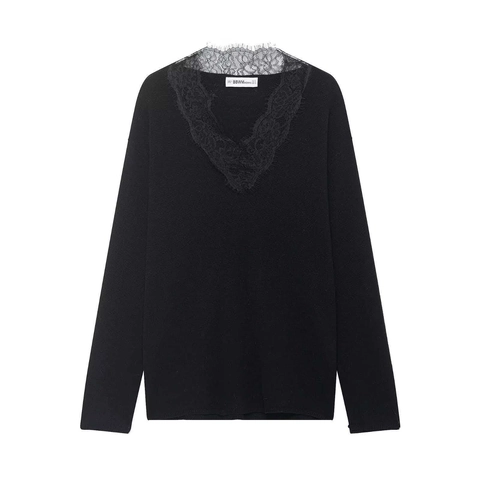 Pull en Tricot Élégant pour Femmes Col en V avec Patchwork en Dentelle Manches Longues Haut Souple pour Mode Décontractée