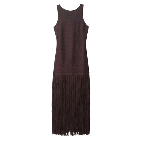 Vestido Largo Sin Mangas para Mujer Con Flecos Espalda Calada Cuello Redondo Corte Ajustado Color Sólido Elegante Verano